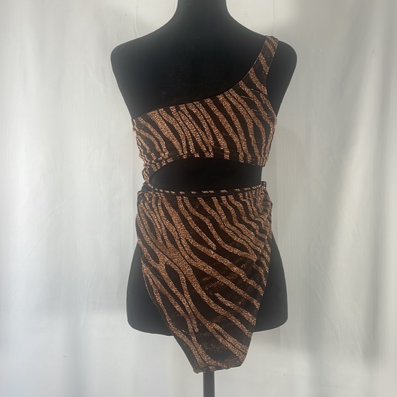 Zebra print monokini,1piece,2 piece-bathing suit,shimmery bronzegold black,Large - Picture 3 of 7